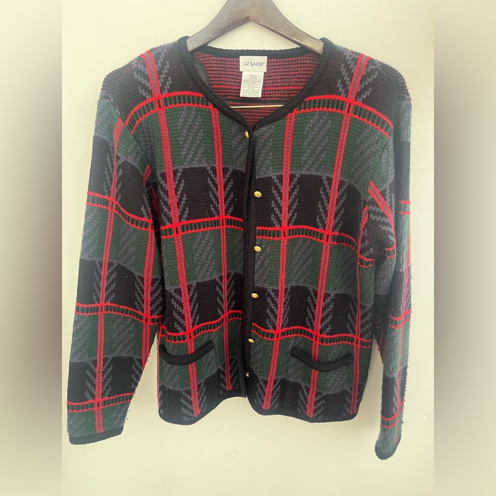 Old Money, Cottage Core women's small green plaid sweater cardigan